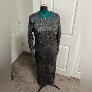 XL Mesh Gunmetal Sequin Long Sleeve Dress H&M w/coordinating Necklace, Earrings